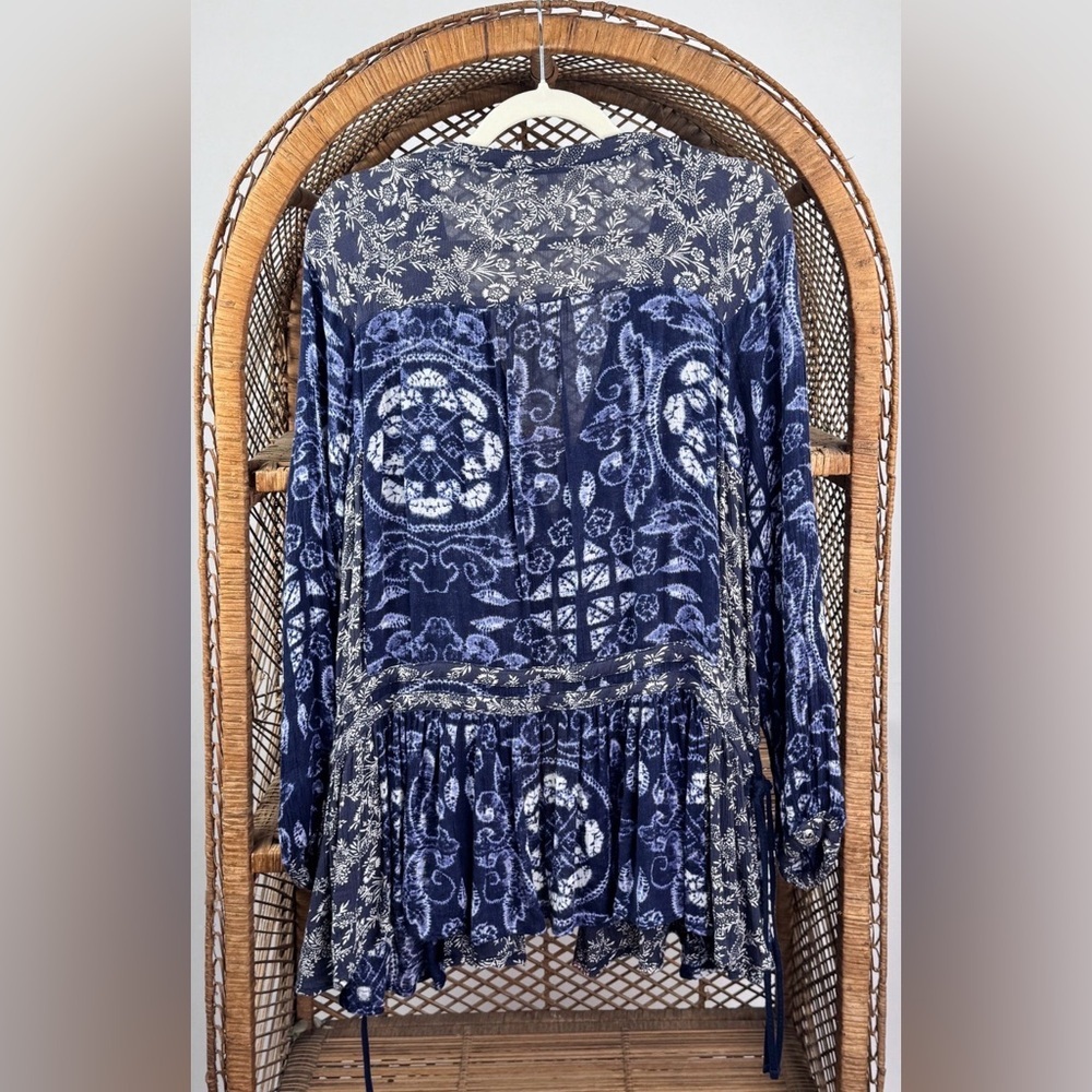 Free People Bohemian Tunic Blouse Navy Gray Side Tie Waist Long Sleeve Size S - Picture 4 of 4